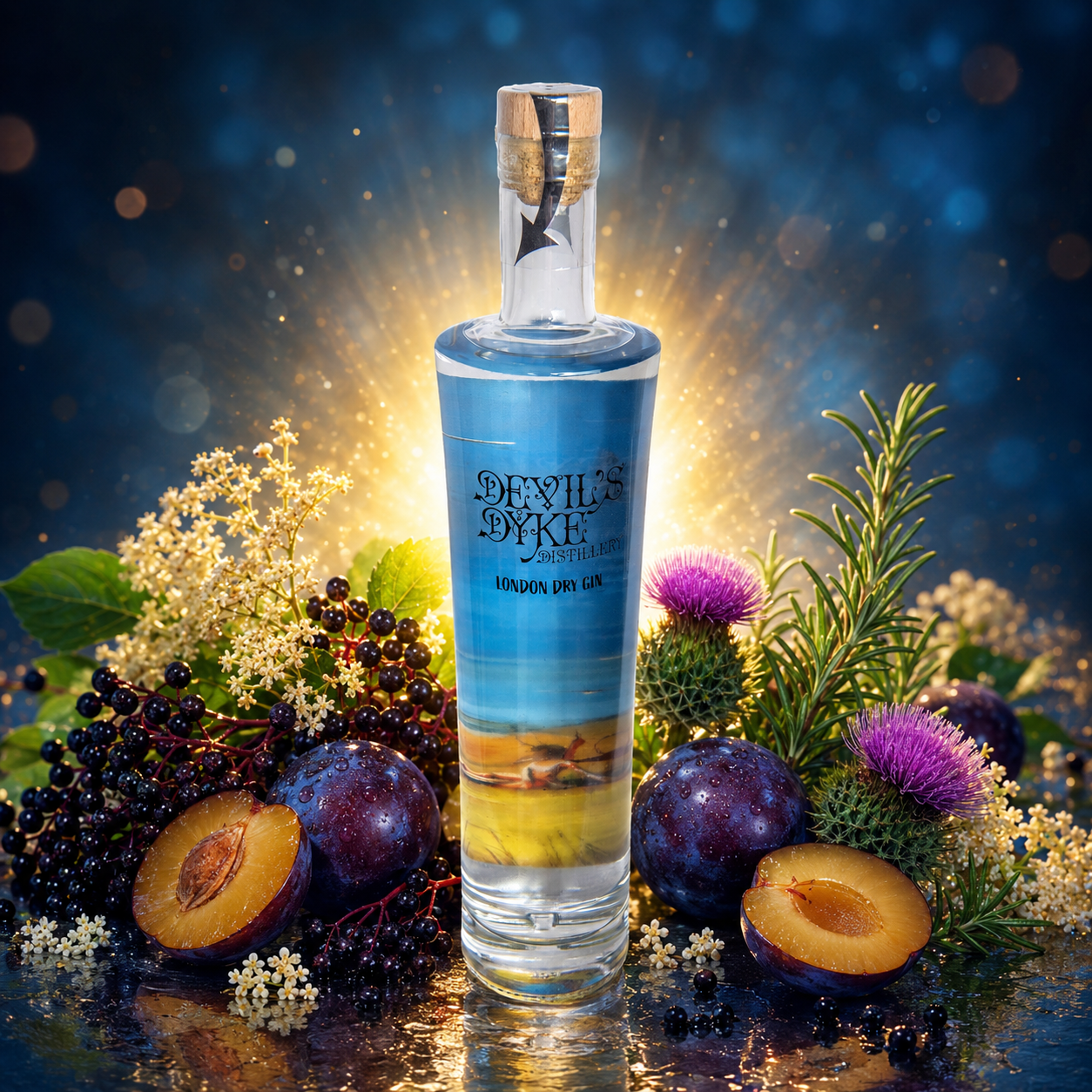bottle of london dry gin using botanicals from devils dyke in west sussex