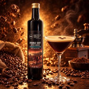 Devil’s Dyke Double Shot Coffee Liqueur beside an espresso martini, surrounded by roasted coffee beans in warm amber light.