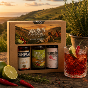 Negroni Actually miniature cocktail gift set featuring Devil's Dyke Chilli & Lime Gin, Vermouth Actually and Campari with a freshly garnished Negroni cocktail at Devil's Dyke, Sussex.